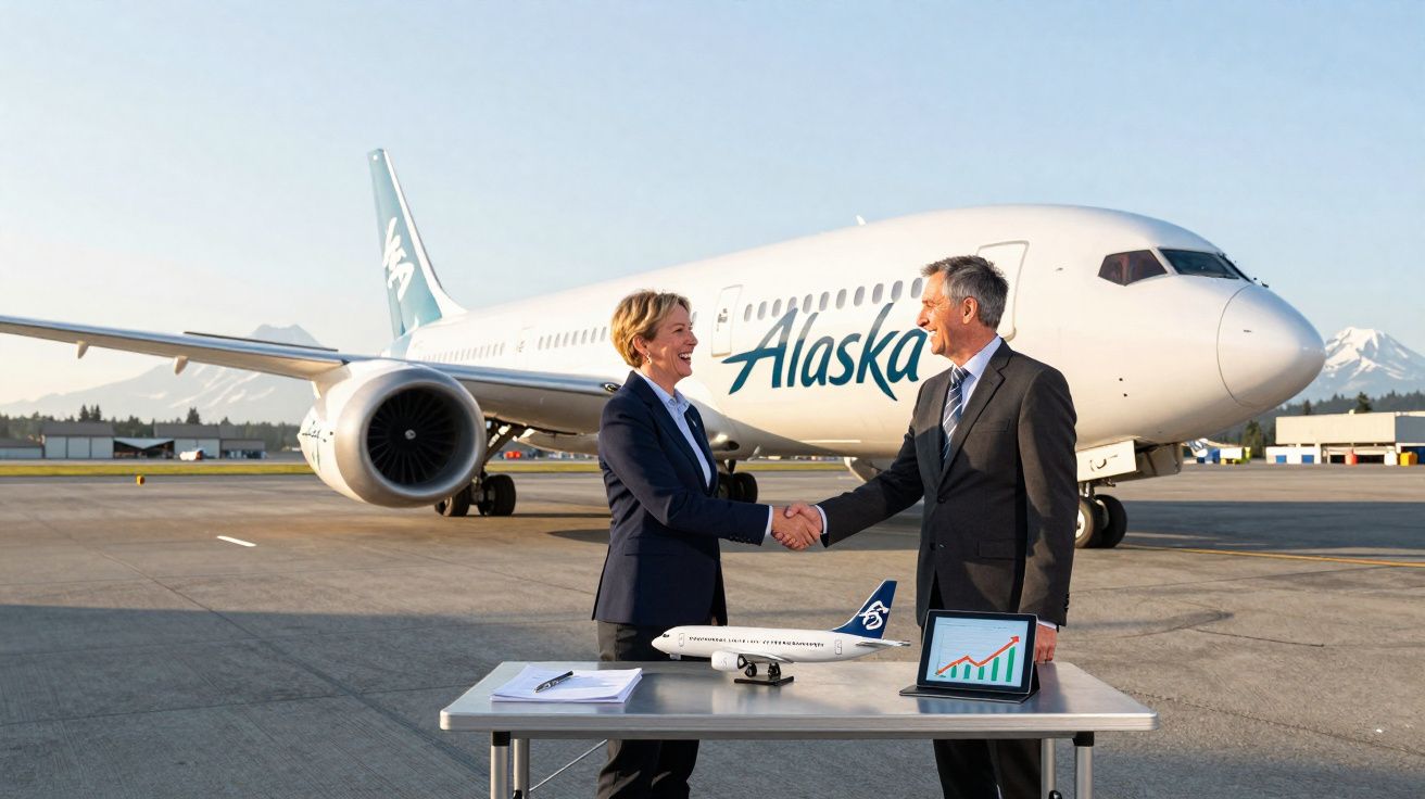 Duas pessoas com fato apertam as mãos em aeroporto junto a avião Alaska e maquete numa mesa com gráfico crescente.