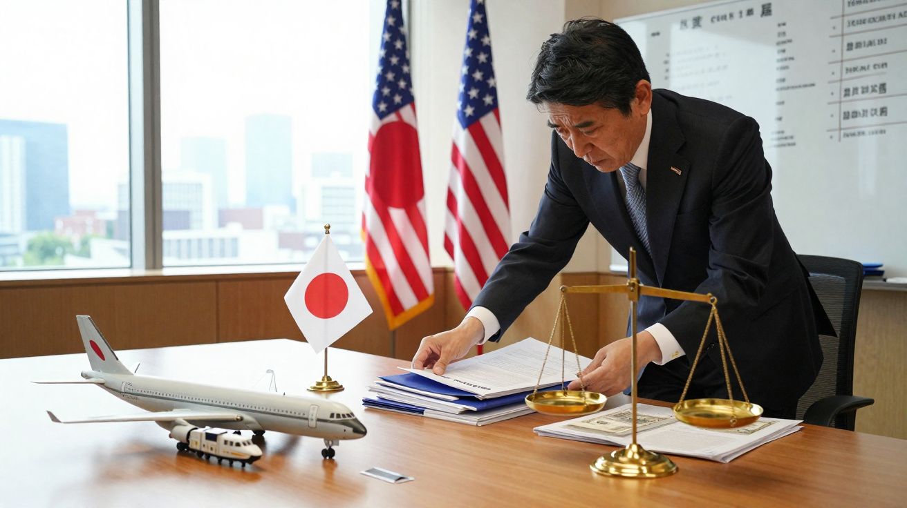Homem de fato a analisar documentos numa mesa com bandeira do Japão, modelos de avião e balança dourada.