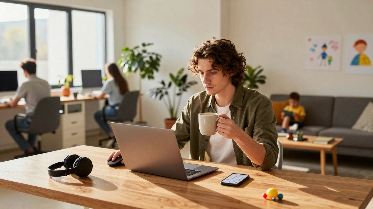 Jovem a trabalhar num computador portátil com uma caneca, com outras pessoas a usar computadores ao fundo numa sala iluminada