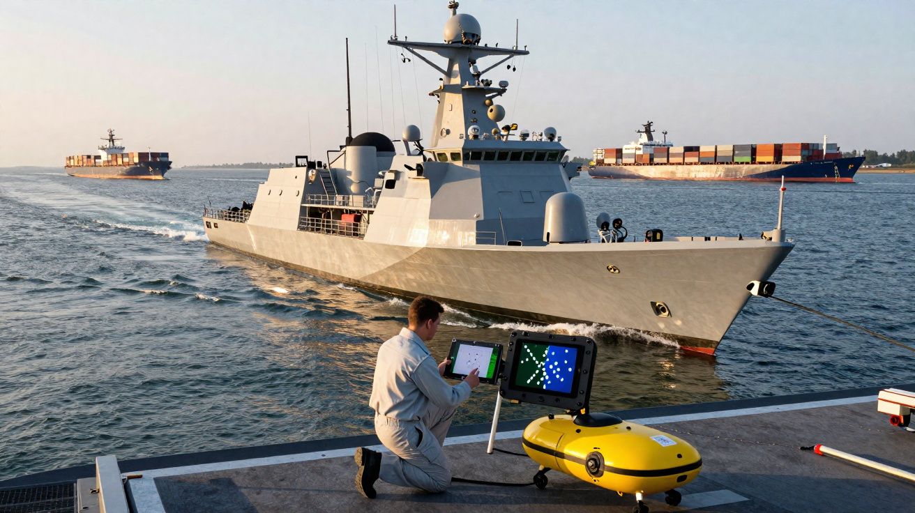 Homem operacional naval manuseia equipamento subaquático amarelo junto a fragata no mar com navios cargueiros ao fundo.
