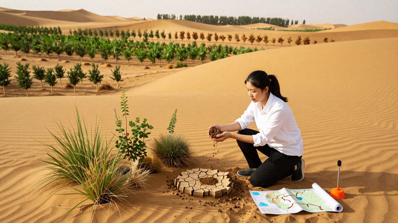 Mulher no deserto examina solo seco junto a plantas e mapas, com dunas e árvores ao fundo.