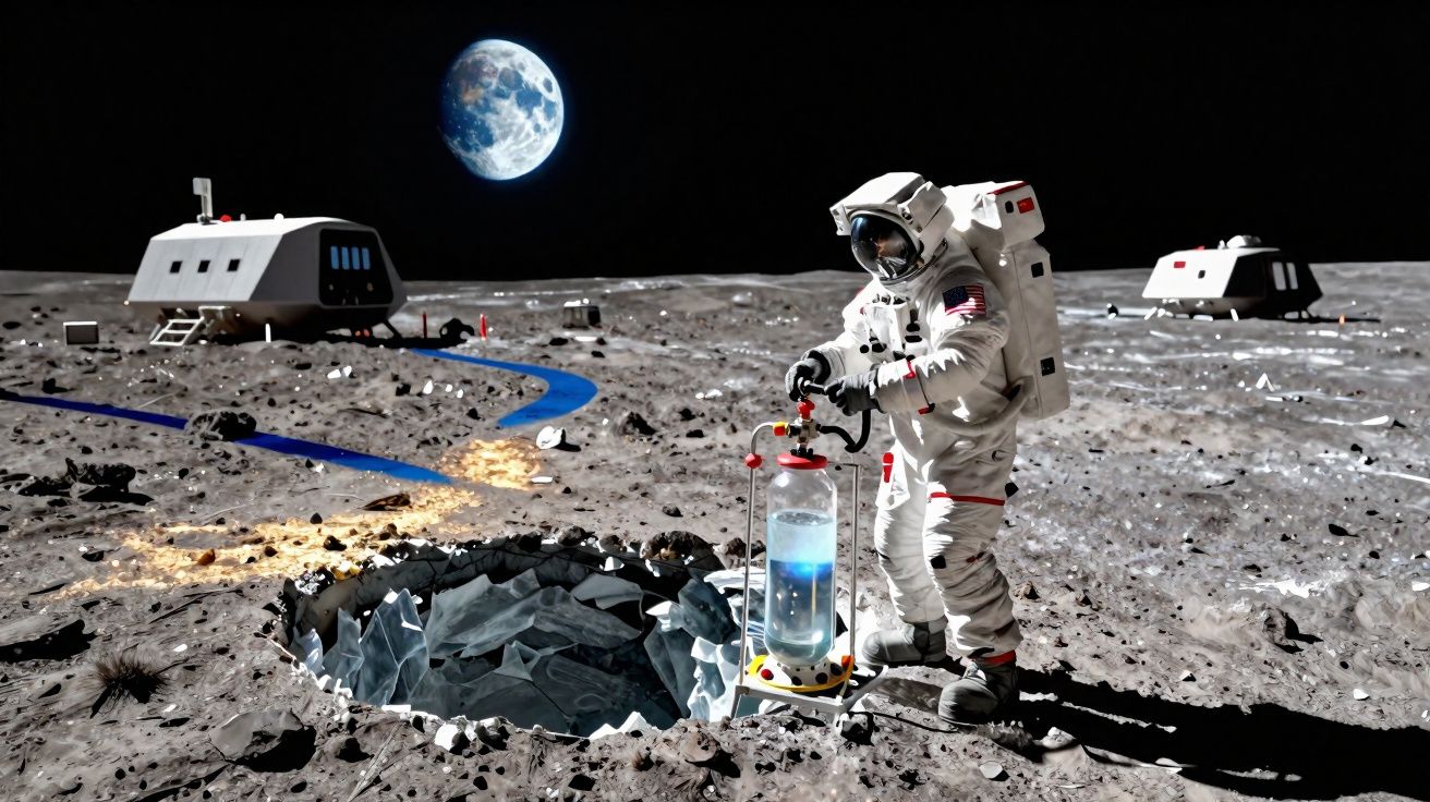 Astronauta na Lua prepara amostra junto a cratera, com bases lunares e Terra ao fundo.