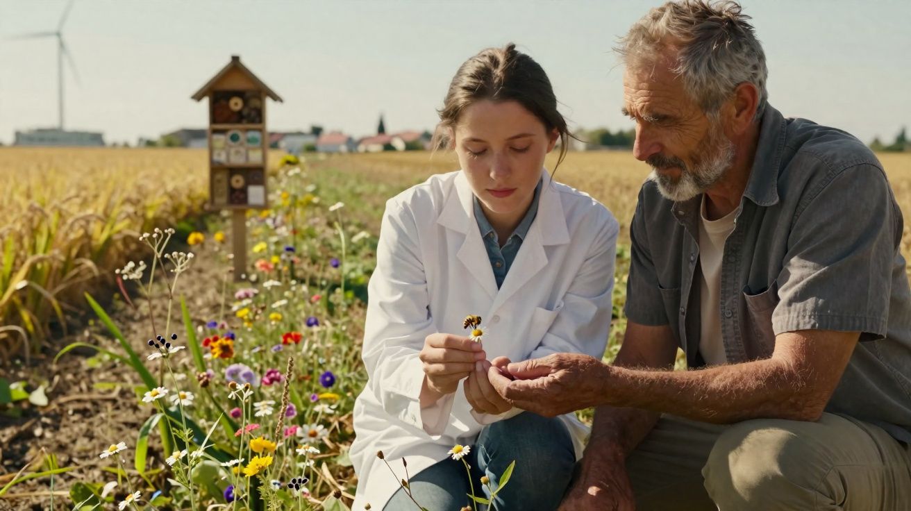 Cientista e agricultor observam flores silvestres num campo com moinho de vento ao fundo.