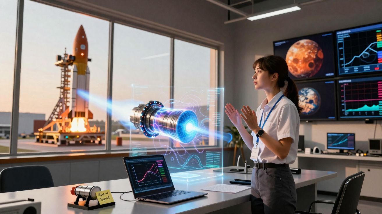 Engenheira observa modelo digital de motor a jato em laboratório com lançamento de foguetão ao fundo.