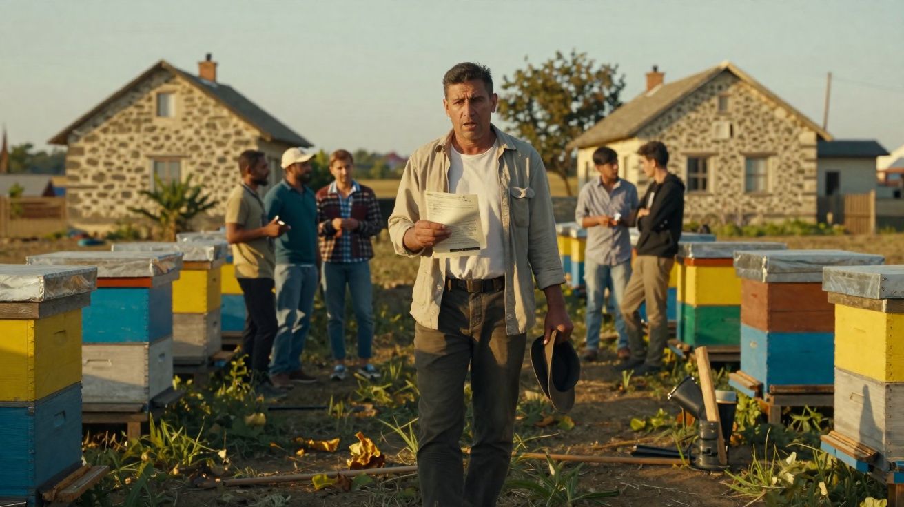 Homem com papel na mão caminha entre colmeias coloridas, com grupo de pessoas e casas ao fundo.
