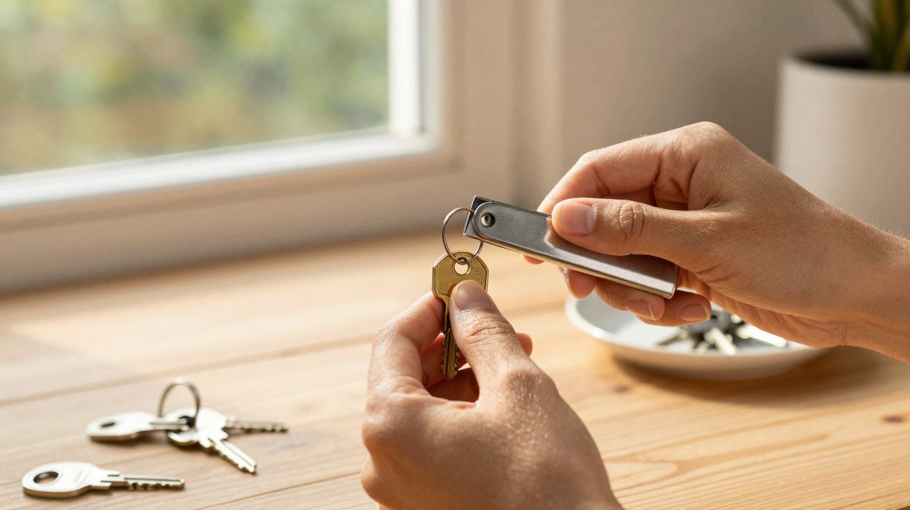 Mãos a prender uma chave dourada num porta-chaves metálico, com outras chaves numa mesa de madeira.