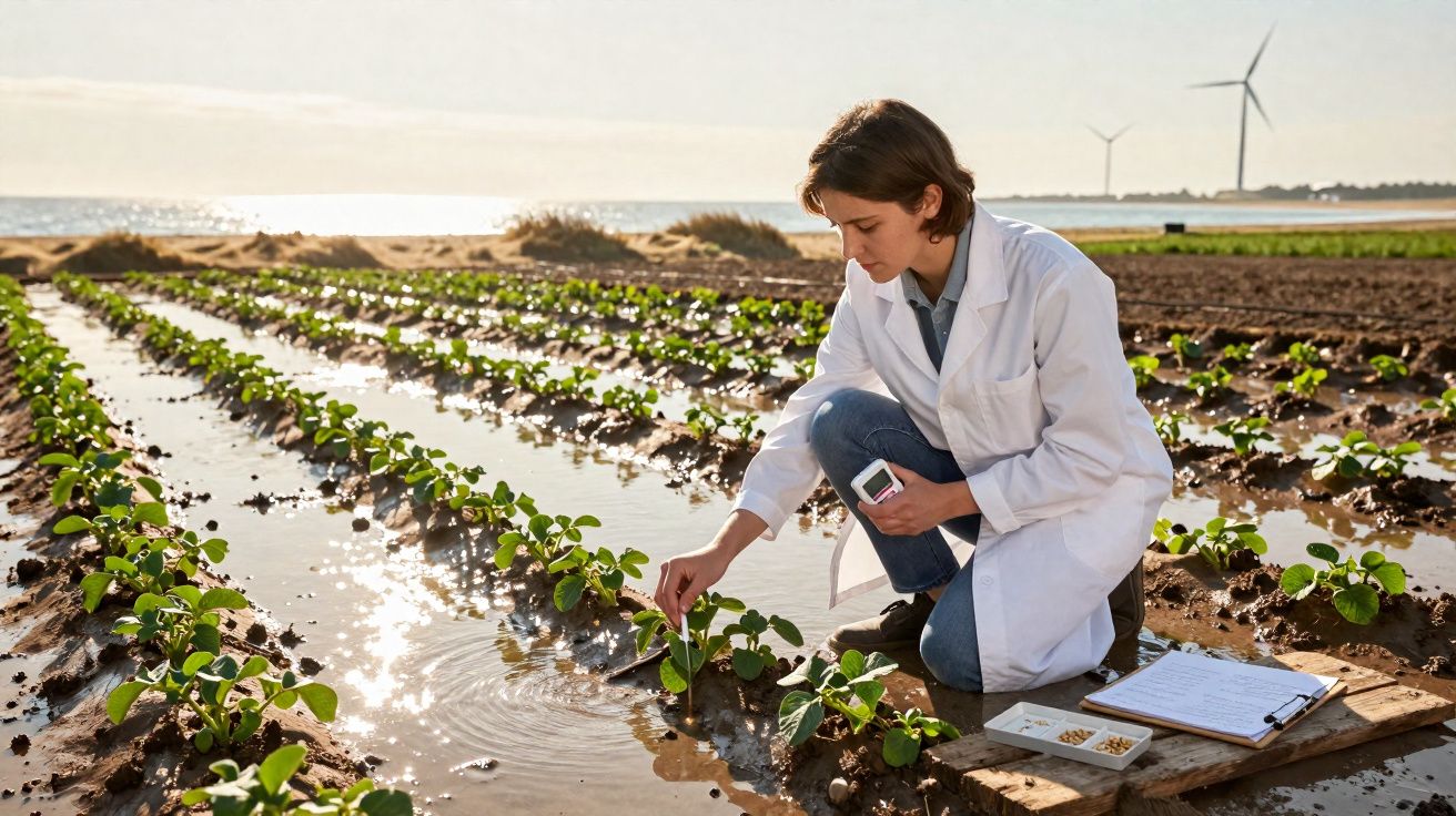 Mulher com bata branca analisa planta jovem numa plantação irrigada com turbinas eólicas ao fundo.