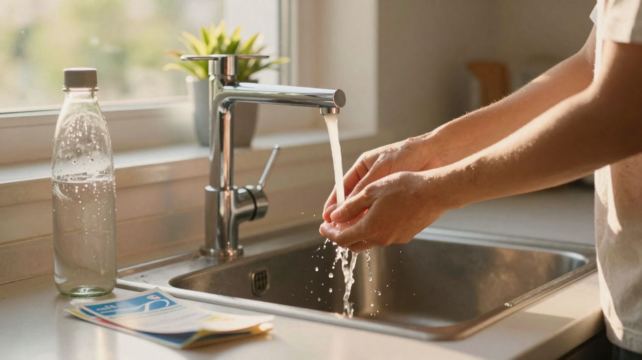 Mãos de pessoa lavando-se em torneira da cozinha com luz natural, garrafa de vidro e planta no peitoril da janela.