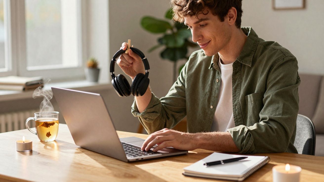 Jovem a usar computador portátil, segurando auscultadores numa mão, com chá e velas na mesa de madeira.