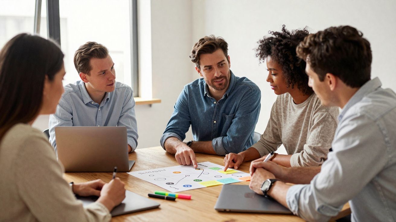 Grupo de cinco pessoas a colaborar em projeto com documentos e computadores numa mesa.