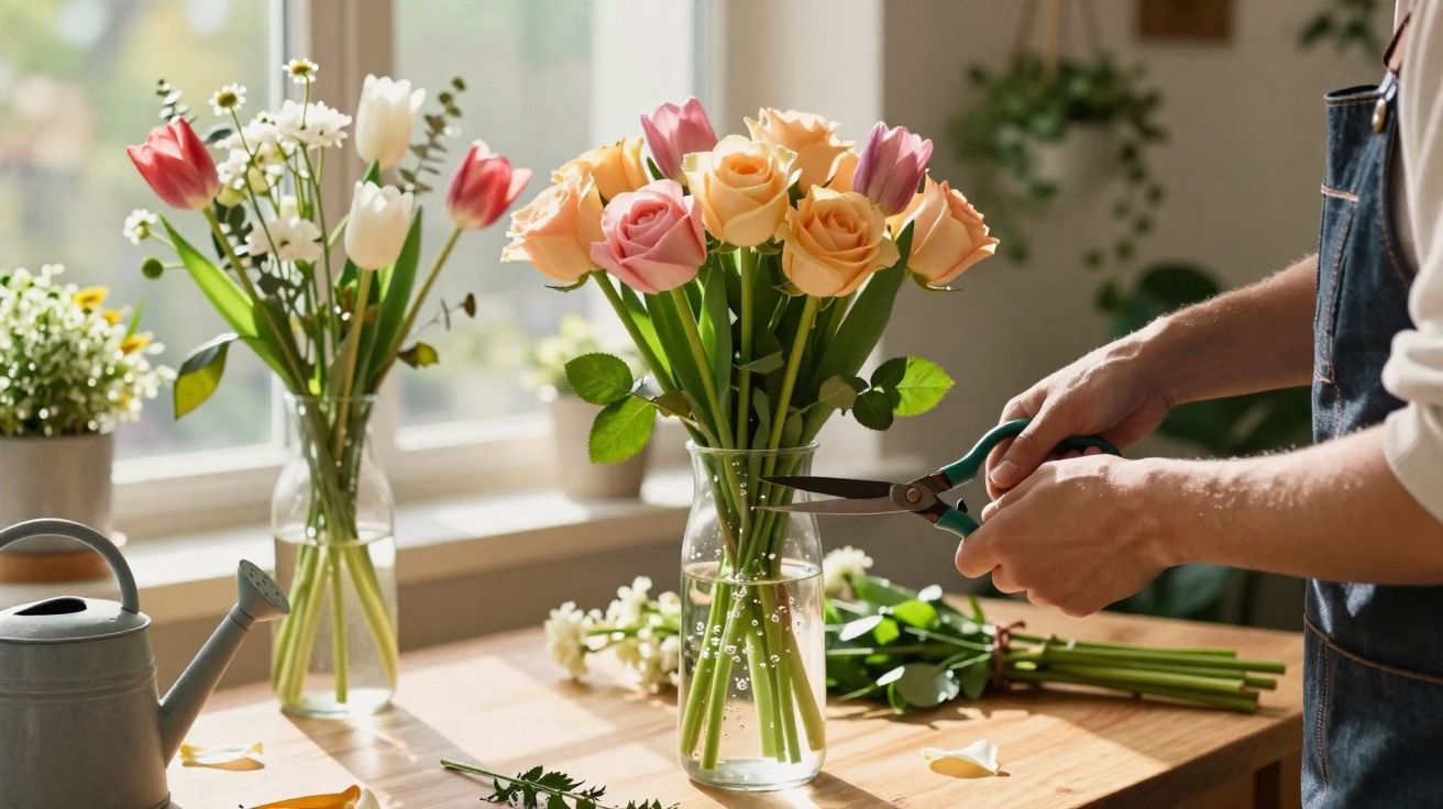 Pessoa a arranjar ramo de flores coloridas numa jarra de vidro numa mesa de madeira junto à janela.