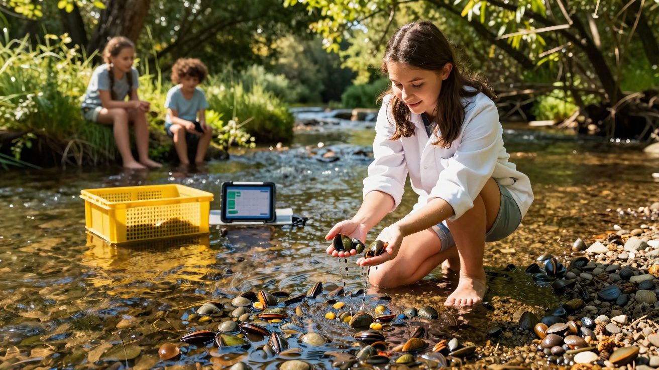 Criança agachada num riacho a observar moluscos, com duas crianças sentadas na margem e um tablet ao lado.