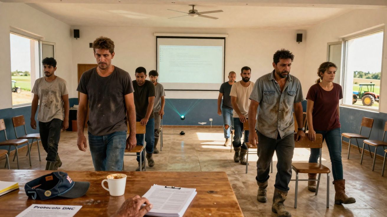 Grupo de pessoas numa sala com cadeiras e projetor, parecendo participar numa atividade ou aula.