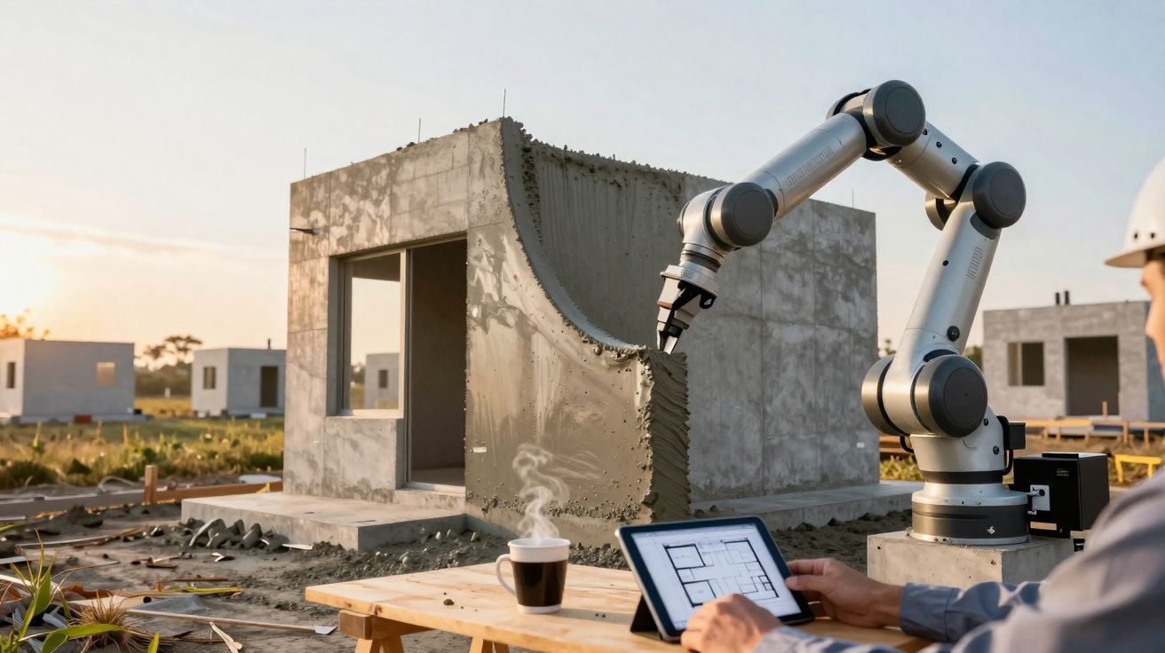 Braço robótico aplicando betão numa construção enquanto pessoa controla planta numa tablet ao ar livre.