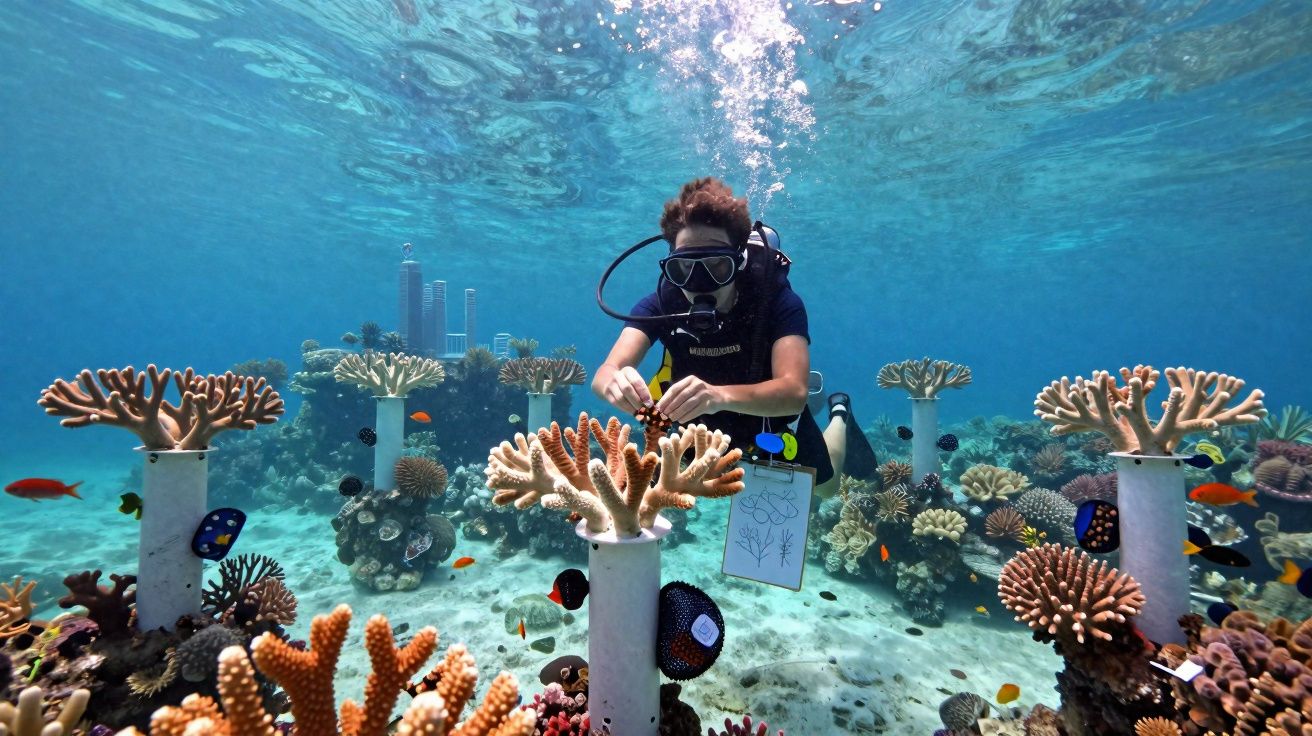 Mergulhador a estudar corais em recife artificial subaquático com várias estruturas e peixes coloridos à volta.