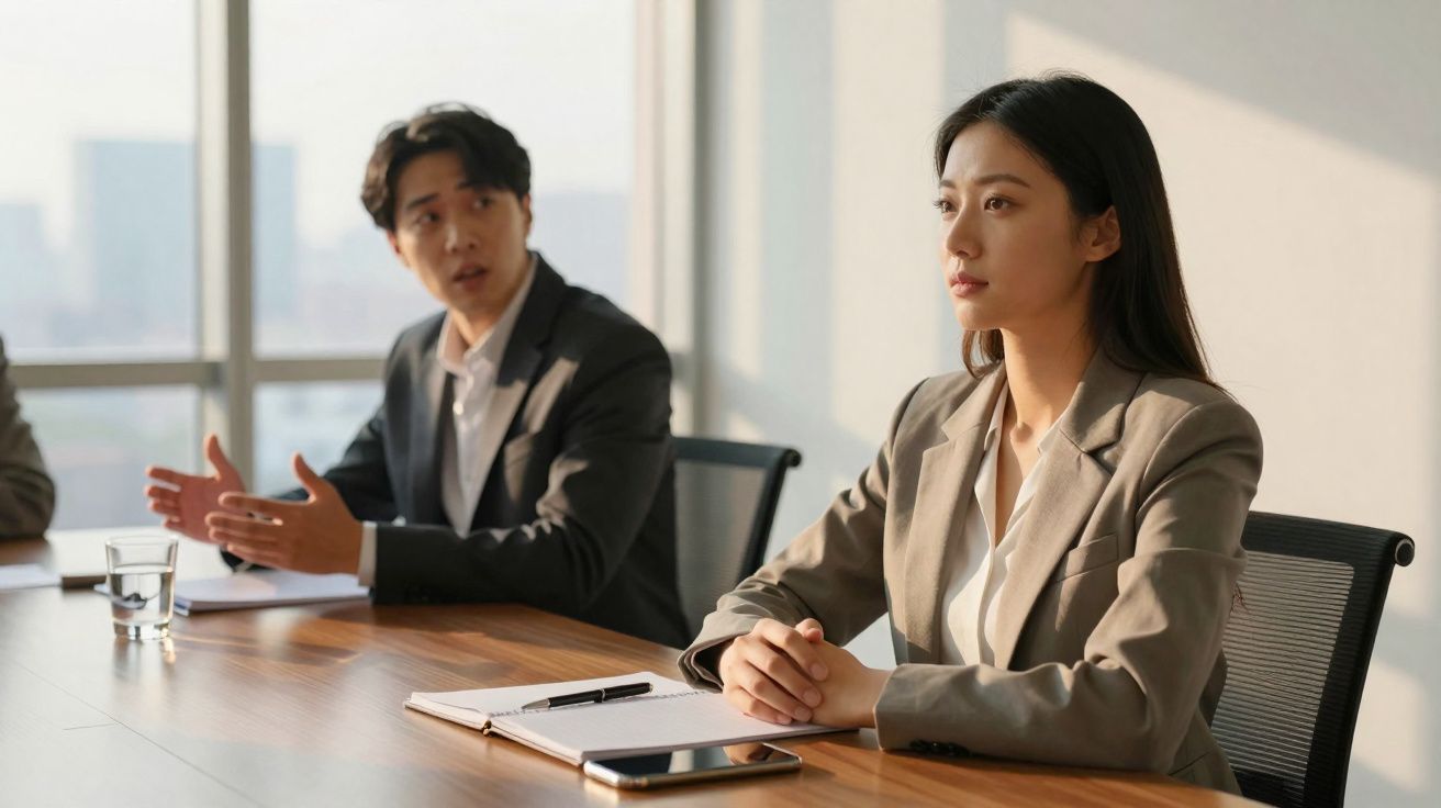 Homem a falar e mulher a escutar atentamente numa reunião de negócios numa sala iluminada.