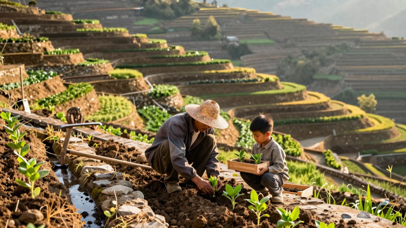 Agricultor e criança a plantar em terraços agrícolas com vasos de plantas, sob luz solar suave.