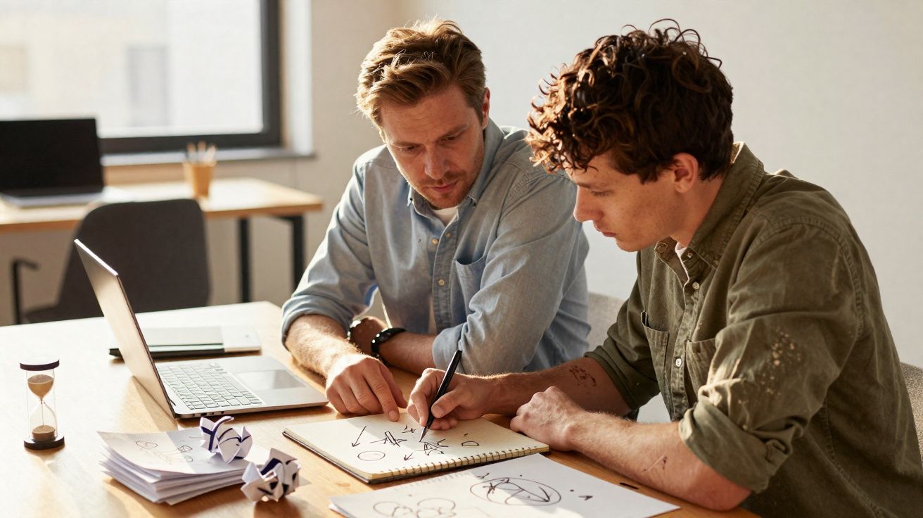 Dois homens sentados numa mesa a discutir e desenhar diagramas em papel durante uma reunião de trabalho.