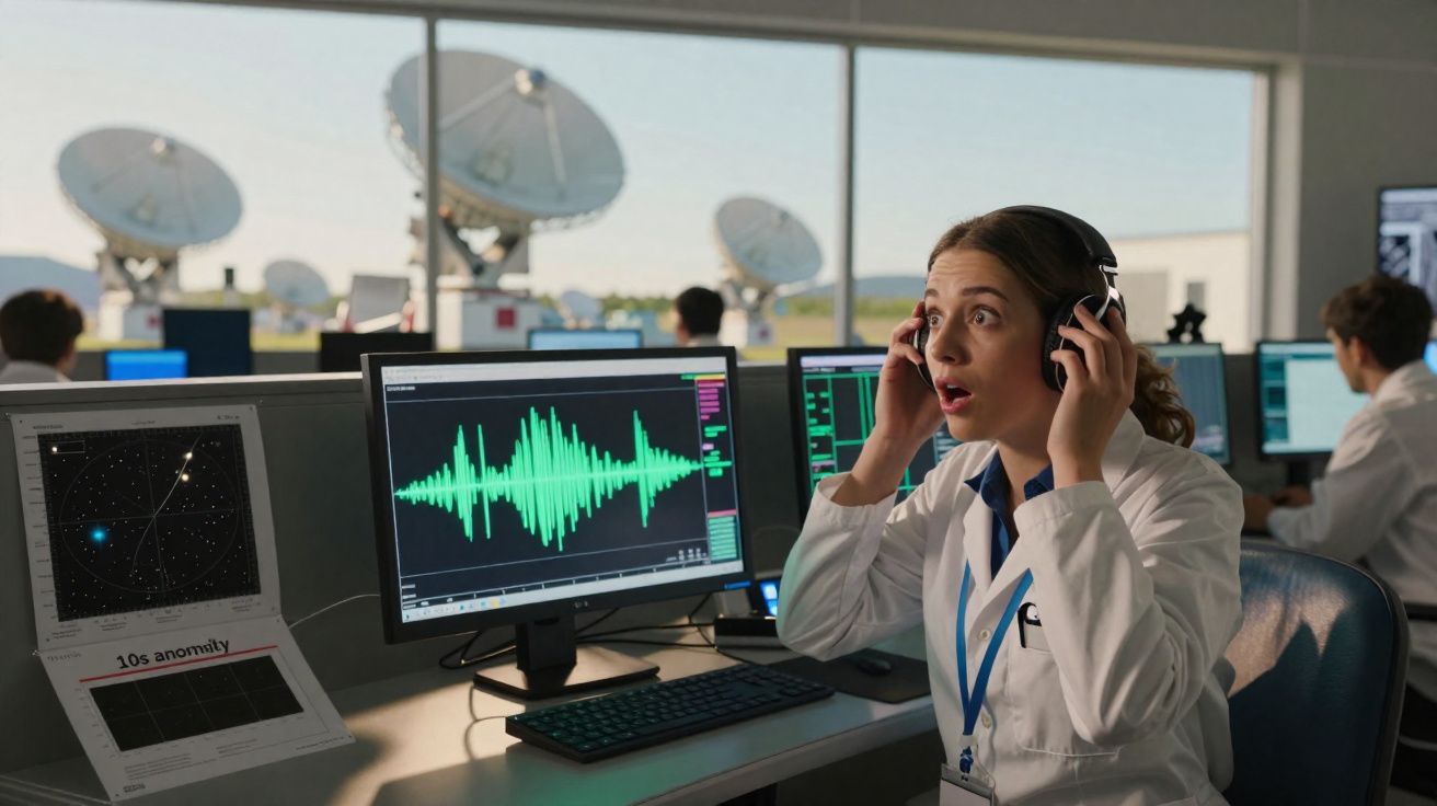 Mulher cientista com auscultadores numa sala cheia de computadores e antenas parabólicas a analisar dados espaciais.