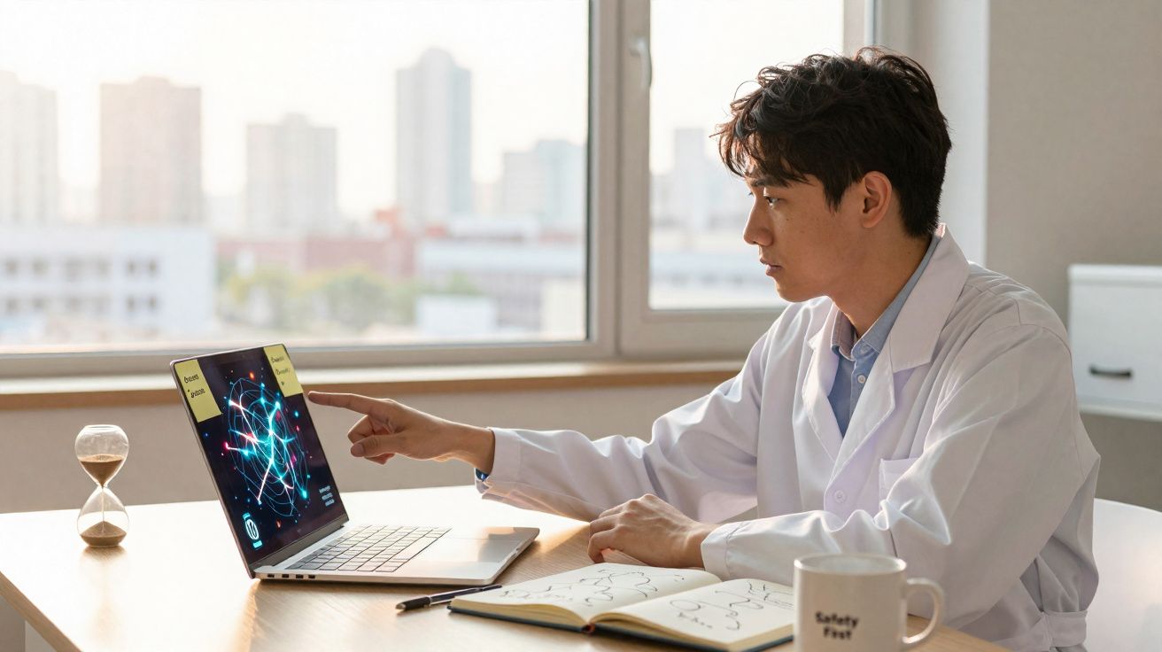 Cientista em bata branca aponta para gráfico científico num ecrã de portátil numa sala iluminada.