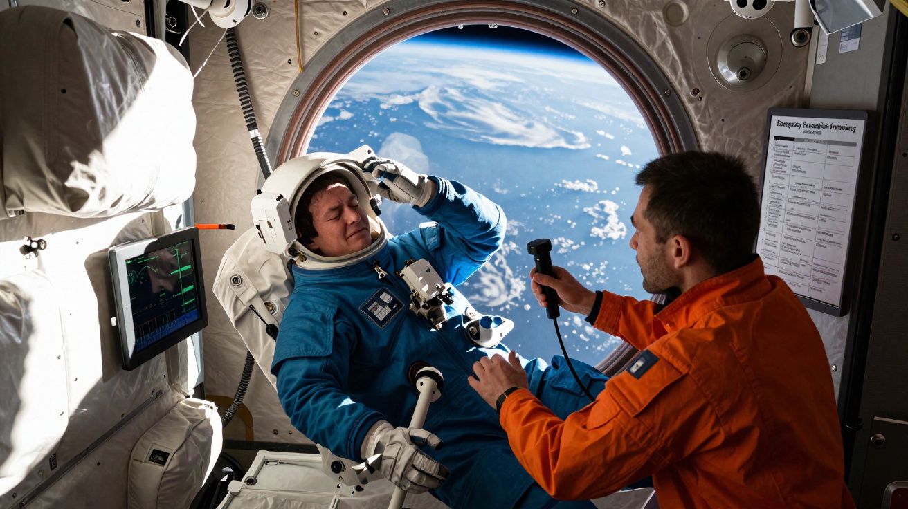 Dois astronautas dentro de uma estação espacial, com a Terra visível pela janela circular.