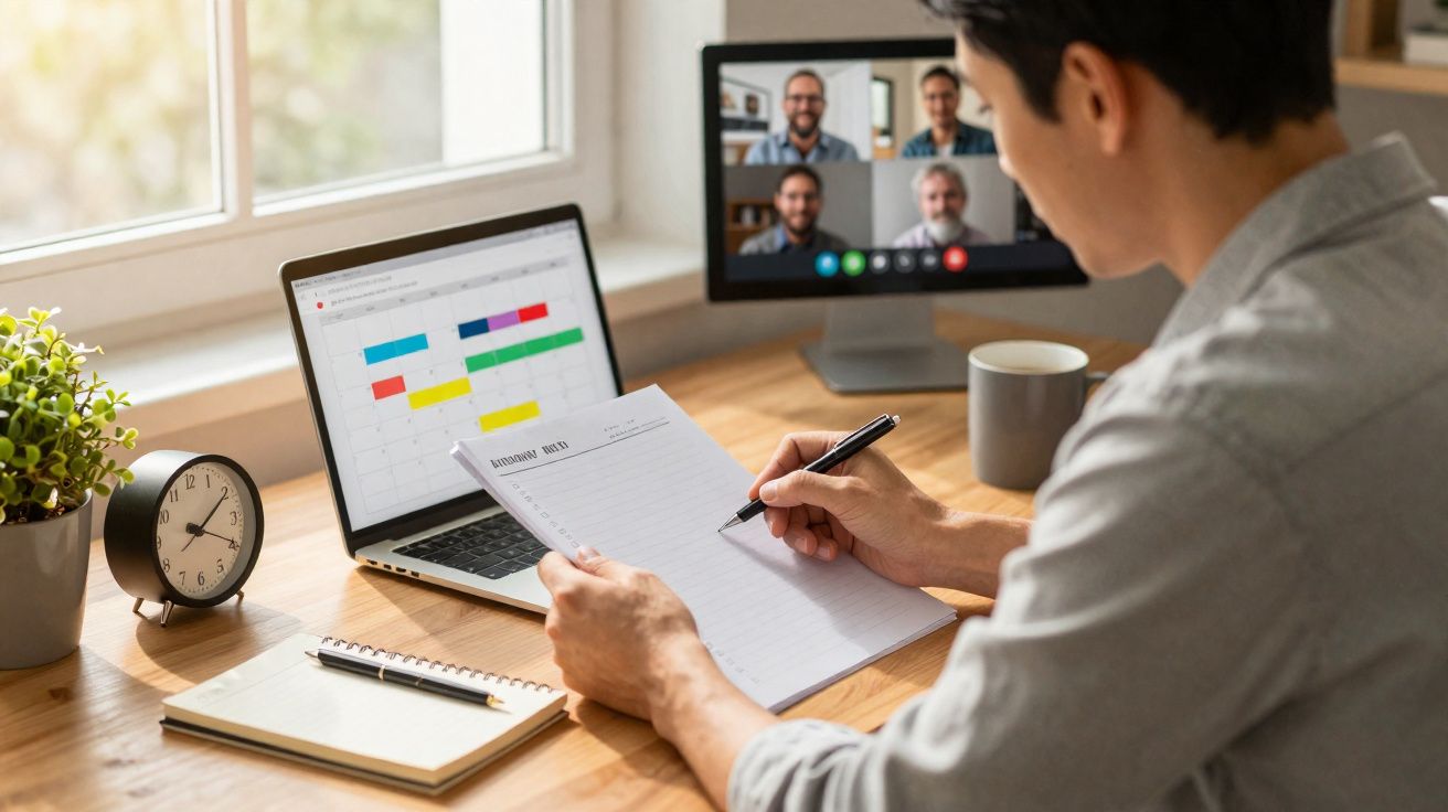 Pessoa em teletrabalho a fazer anotações durante videoconferência, com computador e caderno numa secretária.