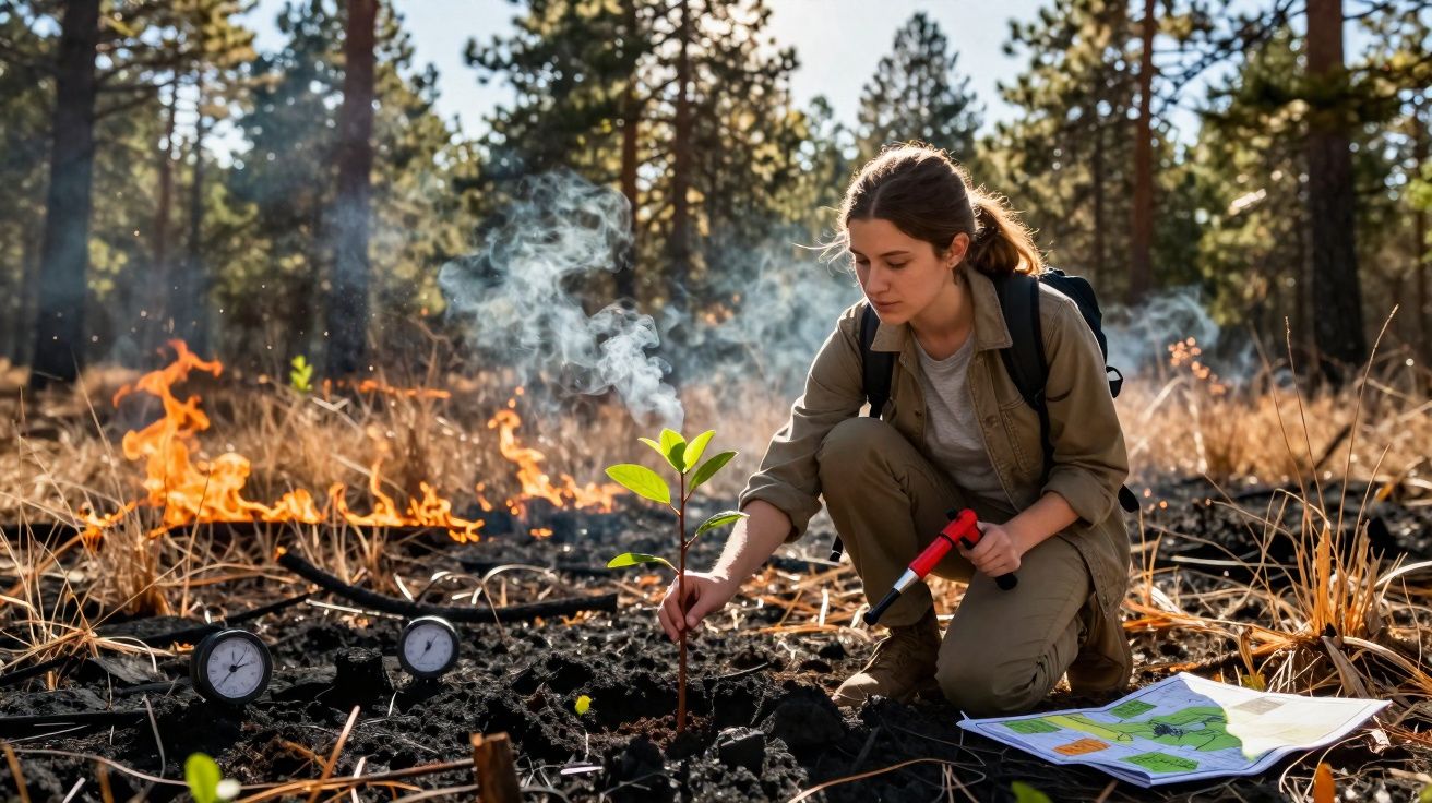 Mulher protege jovem árvore do fogo numa floresta queimada, com mapa no chão.