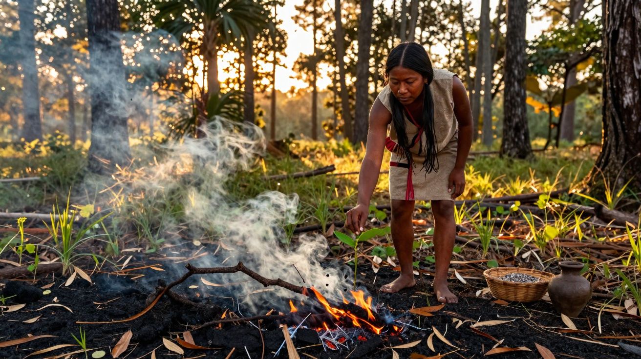 Mulher indígena agachada perto de fogo fumegante numa floresta ao pôr do sol.