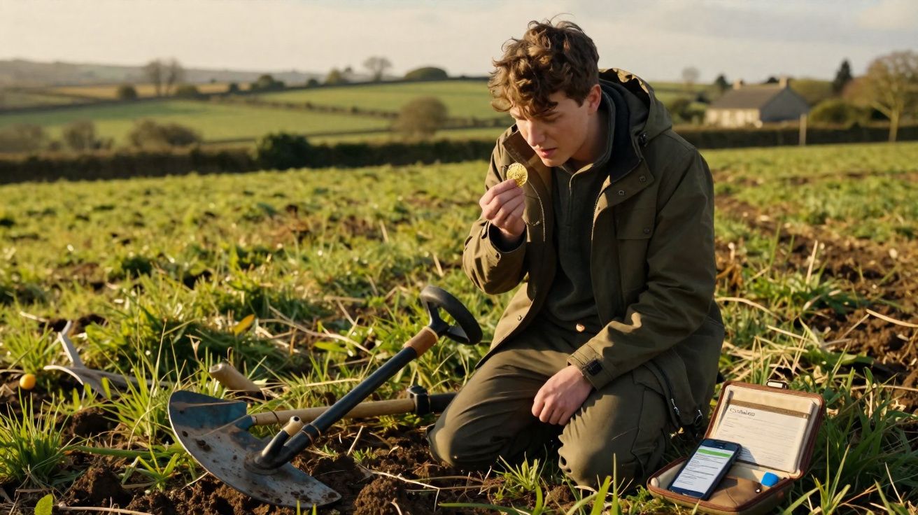 Jovem ajoelhado em campo arado, analisando moeda com detector ao lado e caixa aberta com equipamentos.