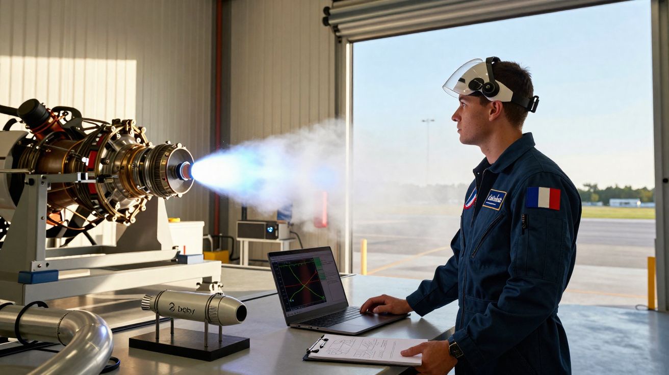 Homem com uniforme e viseira protege observa chamas azuis a sair de motor de jato em laboratório.