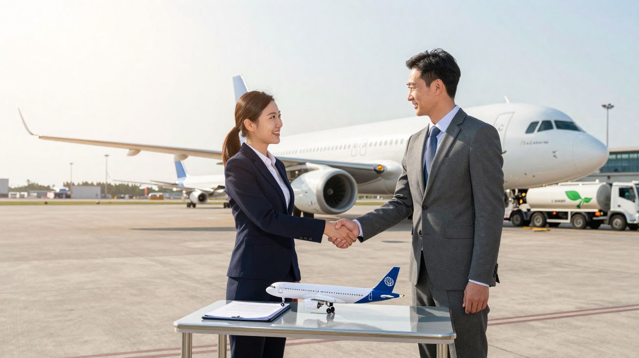 Duas pessoas em fato apertam as mãos num aeroporto com avião e modelo de avião numa mesa.