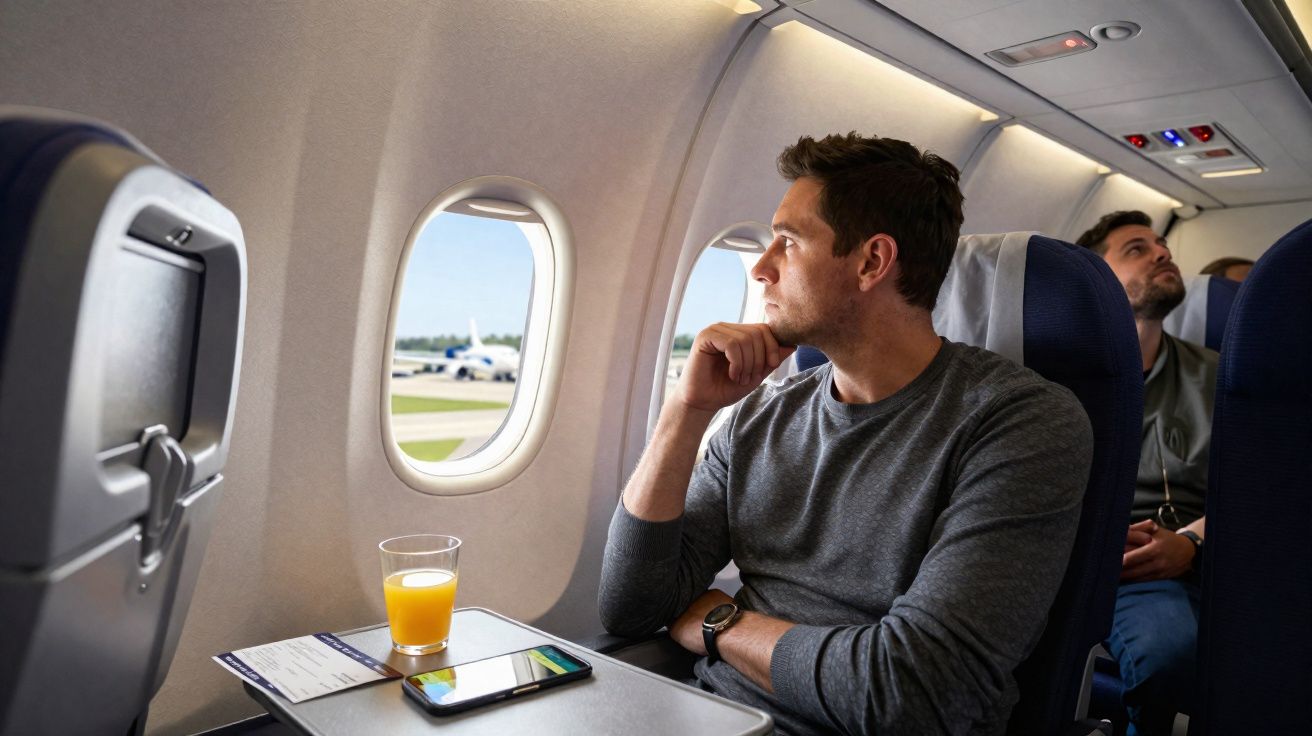 Homem sentado junto à janela de avião olhando para fora, com copo de sumo e telemóvel na mesa.