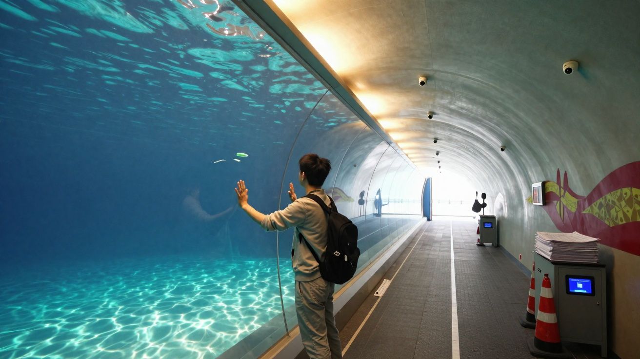 Pessoa observa vida marinha através de túnel de vidro em aquário com luz natural brilhante.