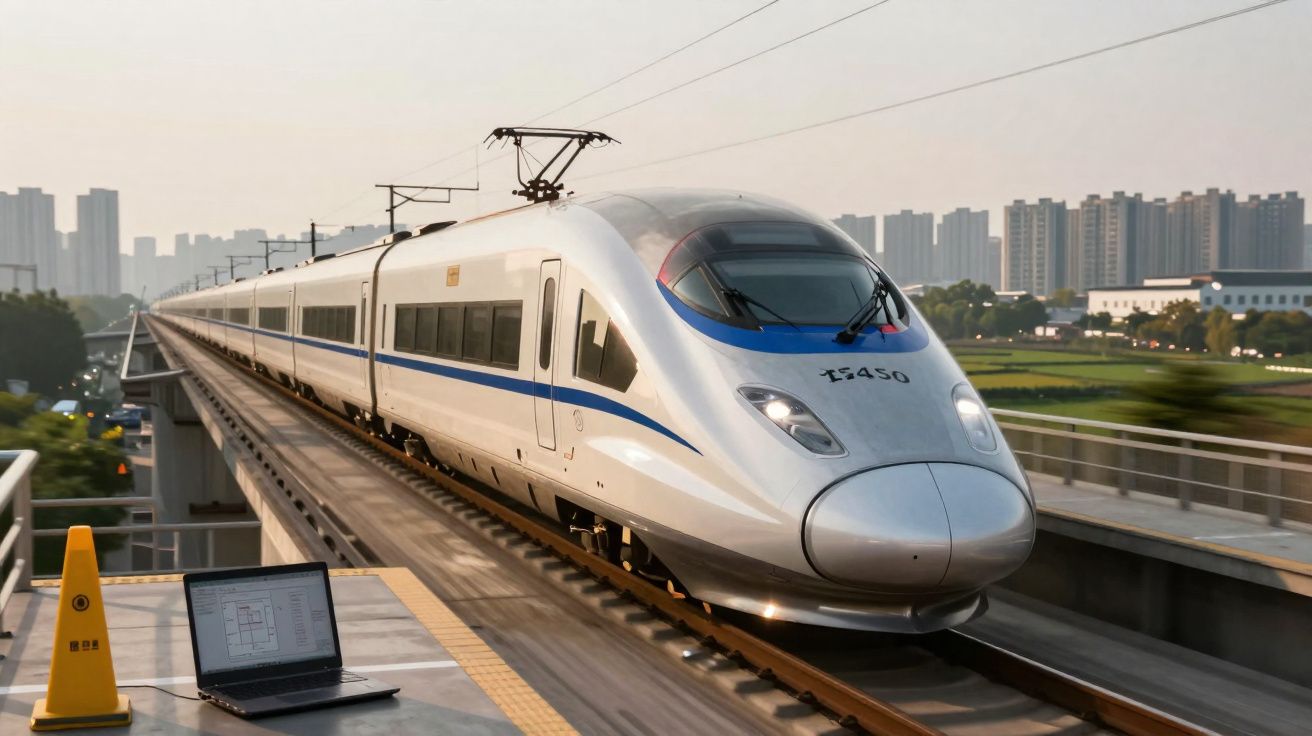 Comboio de alta velocidade a circular numa linha elevada numa área urbana com edifícios ao fundo.