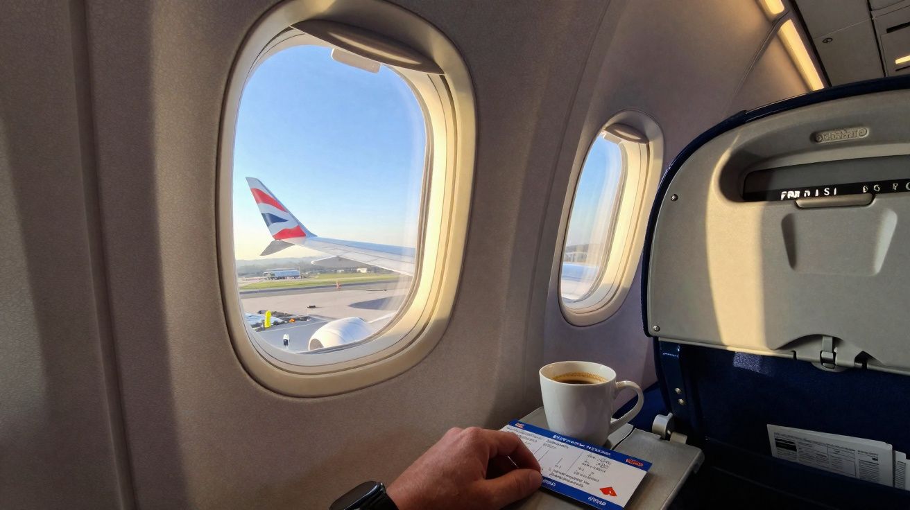 Vista da janela de um avião com asa visível, copa de café e mão segurando bilhete de embarque.