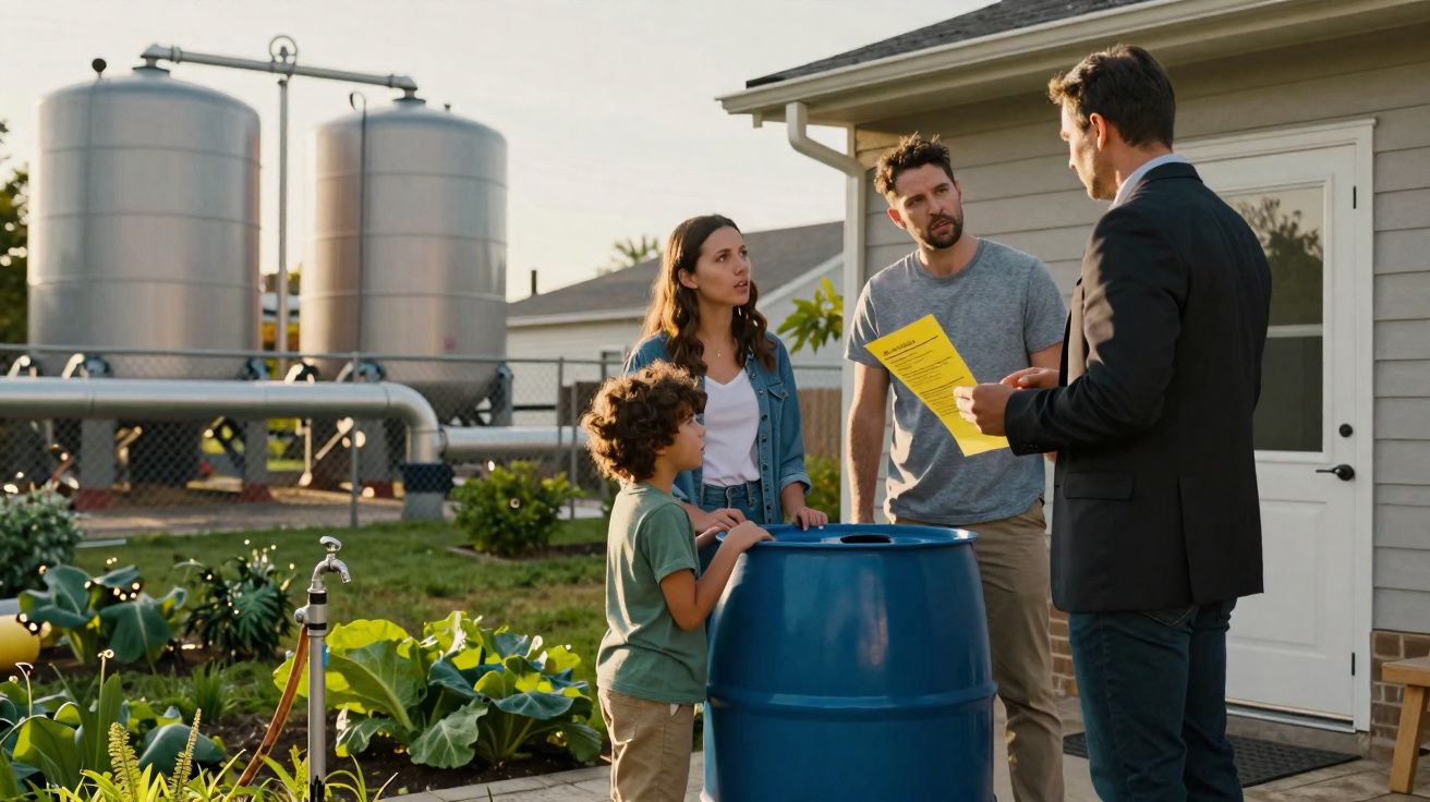 Homem de fato entrega documento a família junto a barril azul num jardim com tanques metálicos ao fundo.