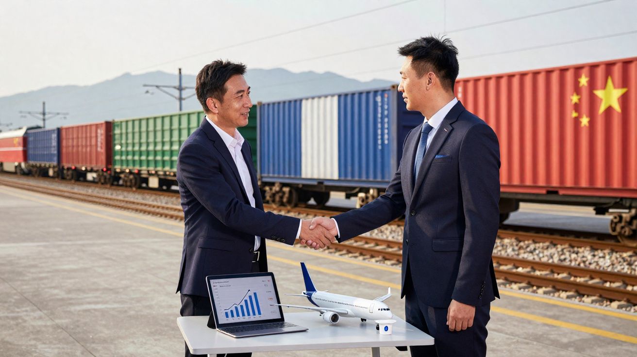 Dois homens de negócios chineses a cumprimentarem-se ao lado de um comboio de contentores com bandeira da China e um modelo d