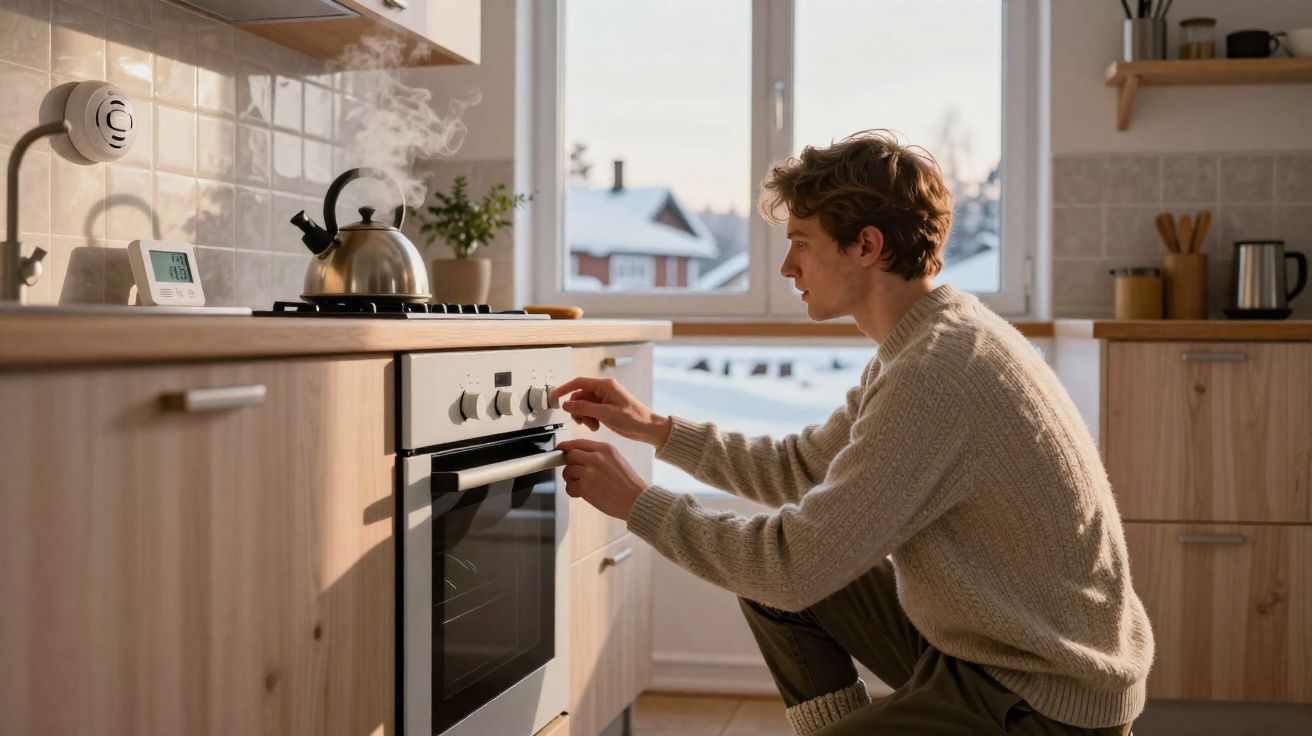 Jovem ajusta o forno numa cozinha moderna com chaleira a ferver e janela a mostrar paisagem nevada.