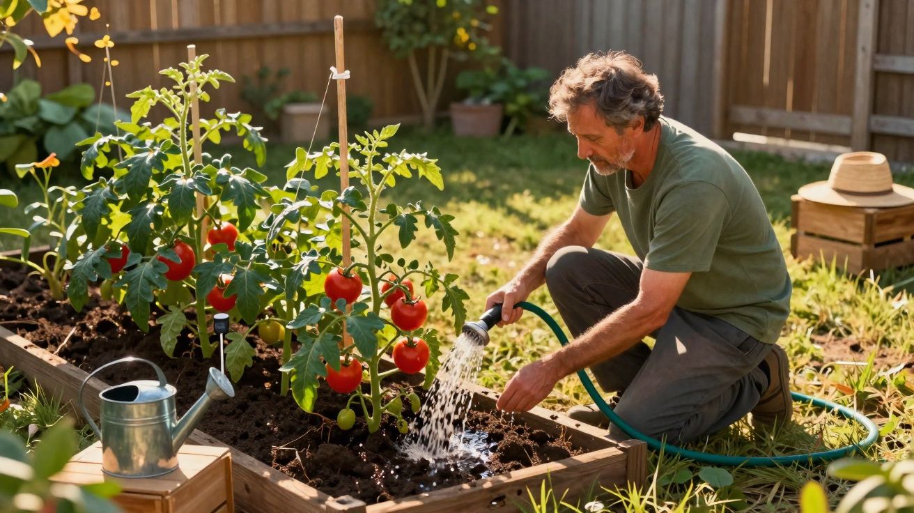 Homem a regar plantas de tomateiras vermelhas num jardim soalheiro durante o dia.
