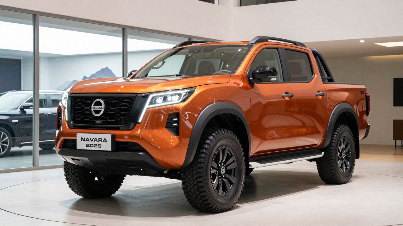 Picape Nissan Navara 2026 cor laranja exposta em showroom moderno com detalhes pretos e pneus robustos.