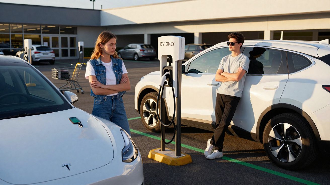 Homem e mulher com braços cruzados junto a carros eléctricos numa estação de carregamento.
