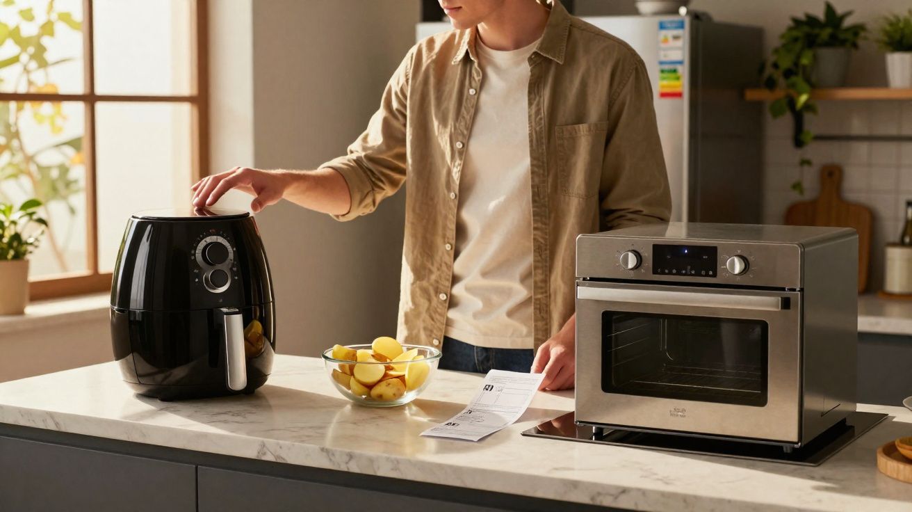 Pessoa a usar uma fritadeira elétrica enquanto prepara batatas numa cozinha moderna.