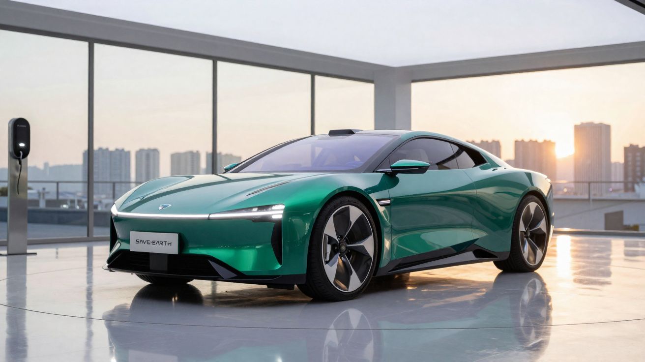Carro desportivo elétrico verde com design futurista estacionado numa cobertura urbana ao pôr do sol.