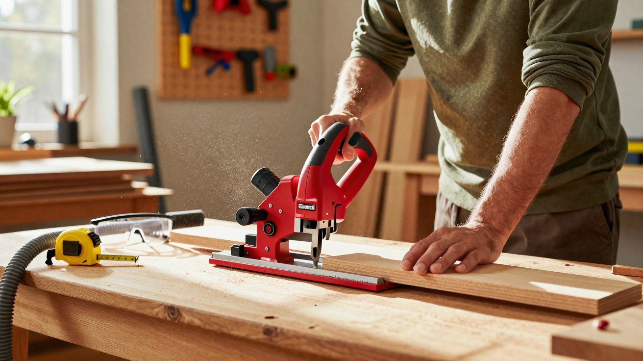 Pessoa a usar uma tupia elétrica vermelha para trabalhar madeira numa bancada de oficina bem iluminada.