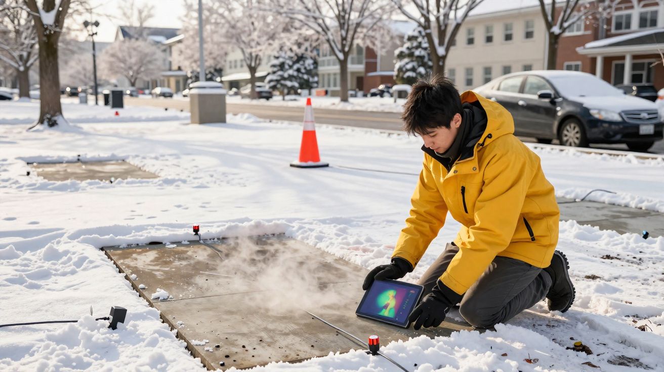 Pessoa com casaco amarelo usa tablet para analisar calor no chão coberto de neve numa área residencial.