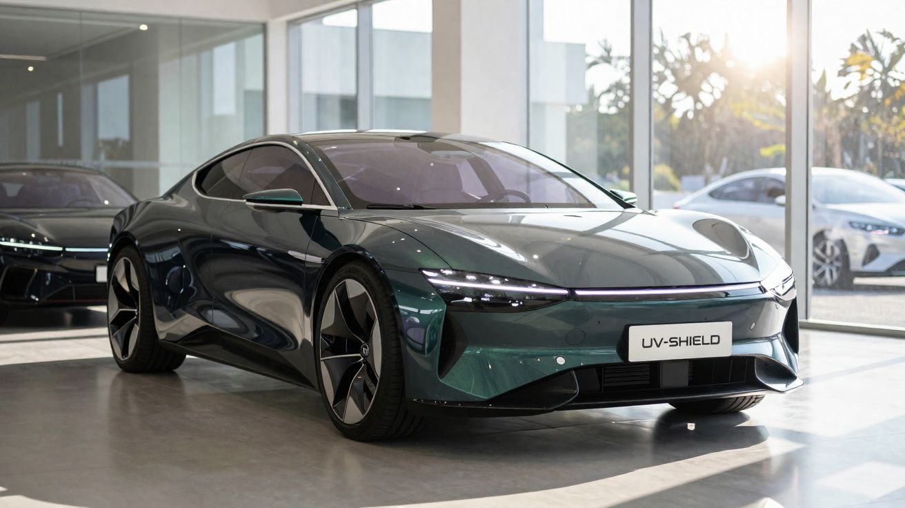 Carro elétrico desportivo verde escuro UV-Shield numa exposição com luz natural a entrar pela janela.