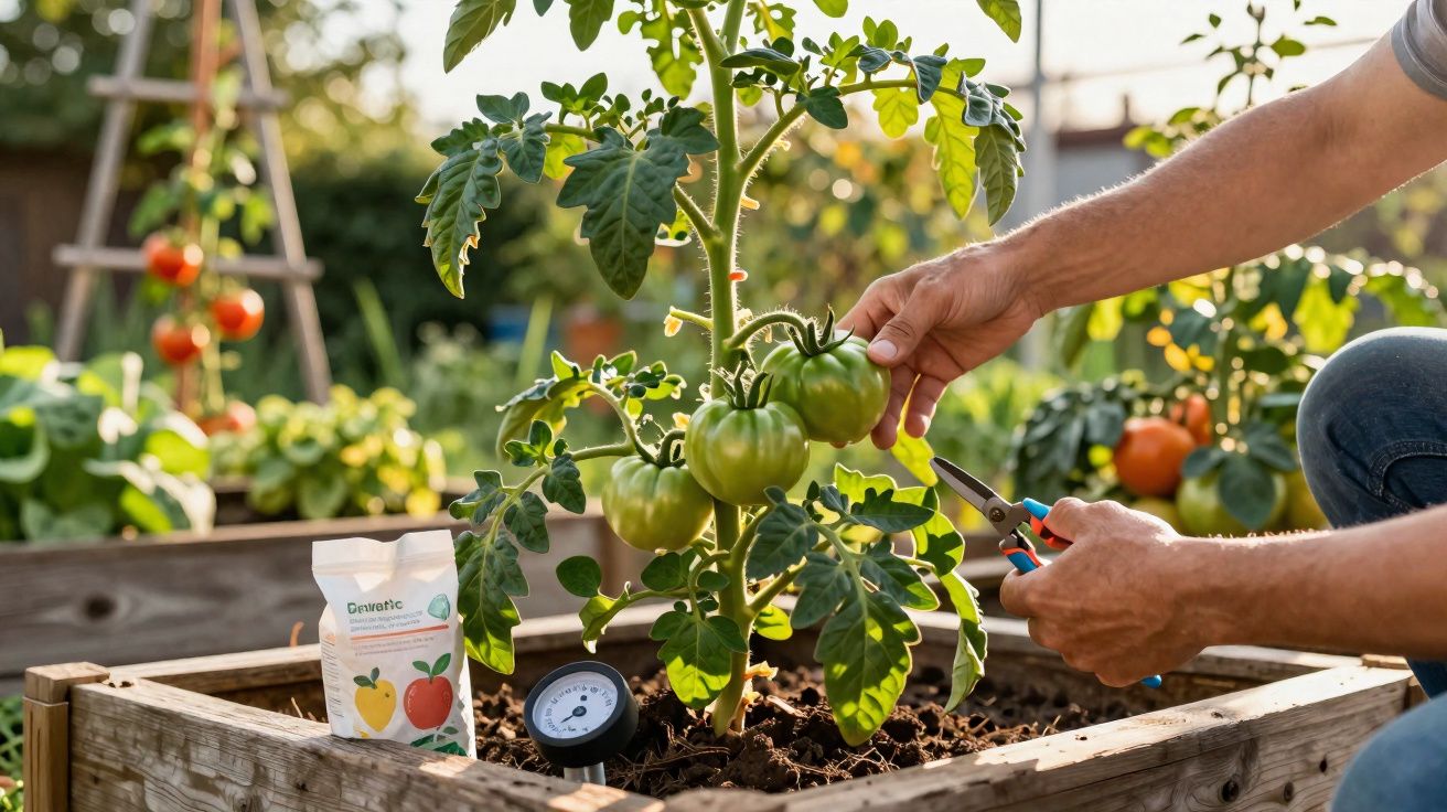 Pessoa a colher tomates verdes num canteiro elevado num jardim com luvas e tesoura de poda.