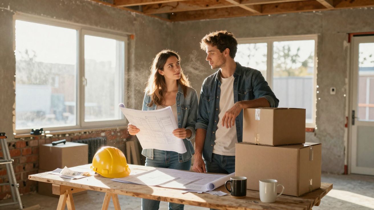 Casal jovem a analisar plantas de construção numa casa em obra com capacete e caixas numa mesa de trabalho.