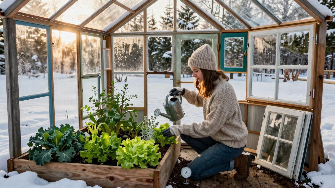 Mulher a regar plantas numa estufa de madeira rodeada de neve ao amanhecer.