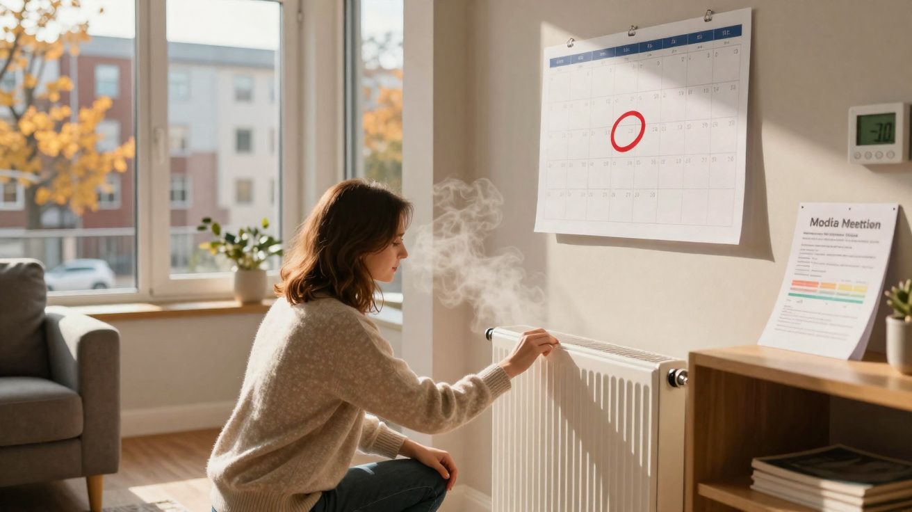 Mulher a ajustar o termóstato do aquecedor num dia frio, com calendário marcado na parede.
